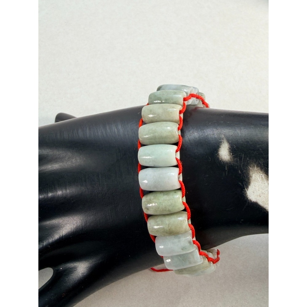 Natural Jade Stone Bracelet Green Carved Beads Red Cord Adjustable Asian Style